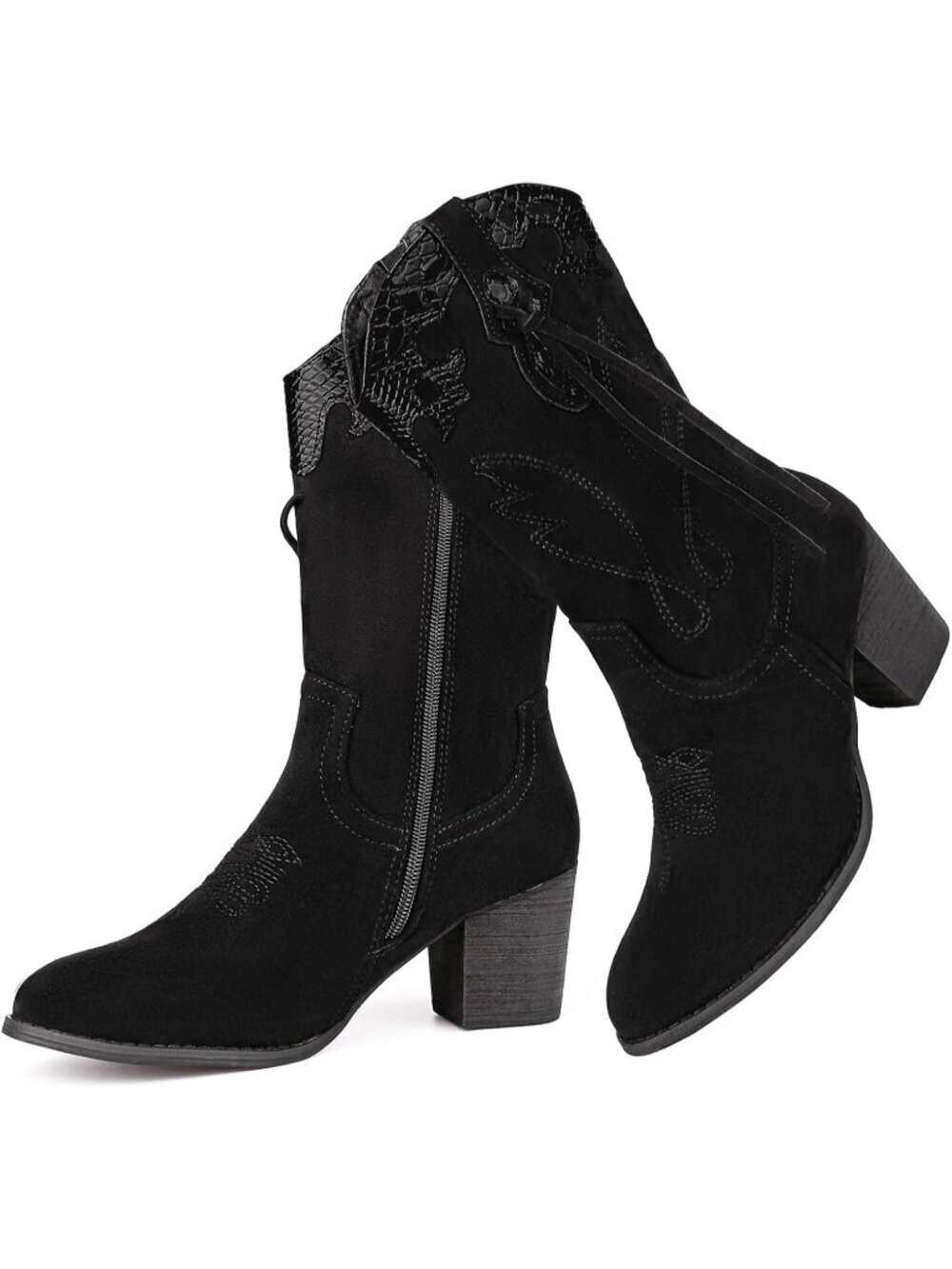Women's Black Western Country High Heel Boots Suede Zipper Mid Calf Booties